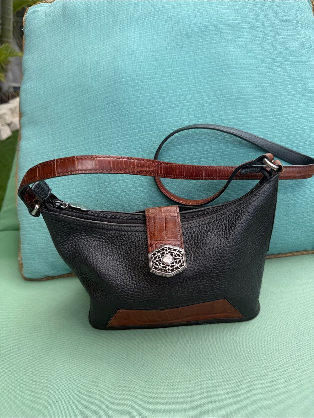 Brighton Black Leather Crossbody with Brown Trim
